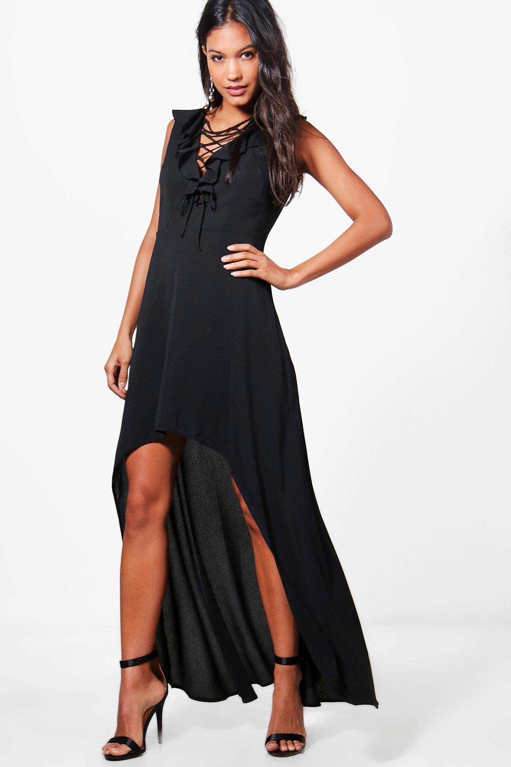 lace up ruffle maxi dress