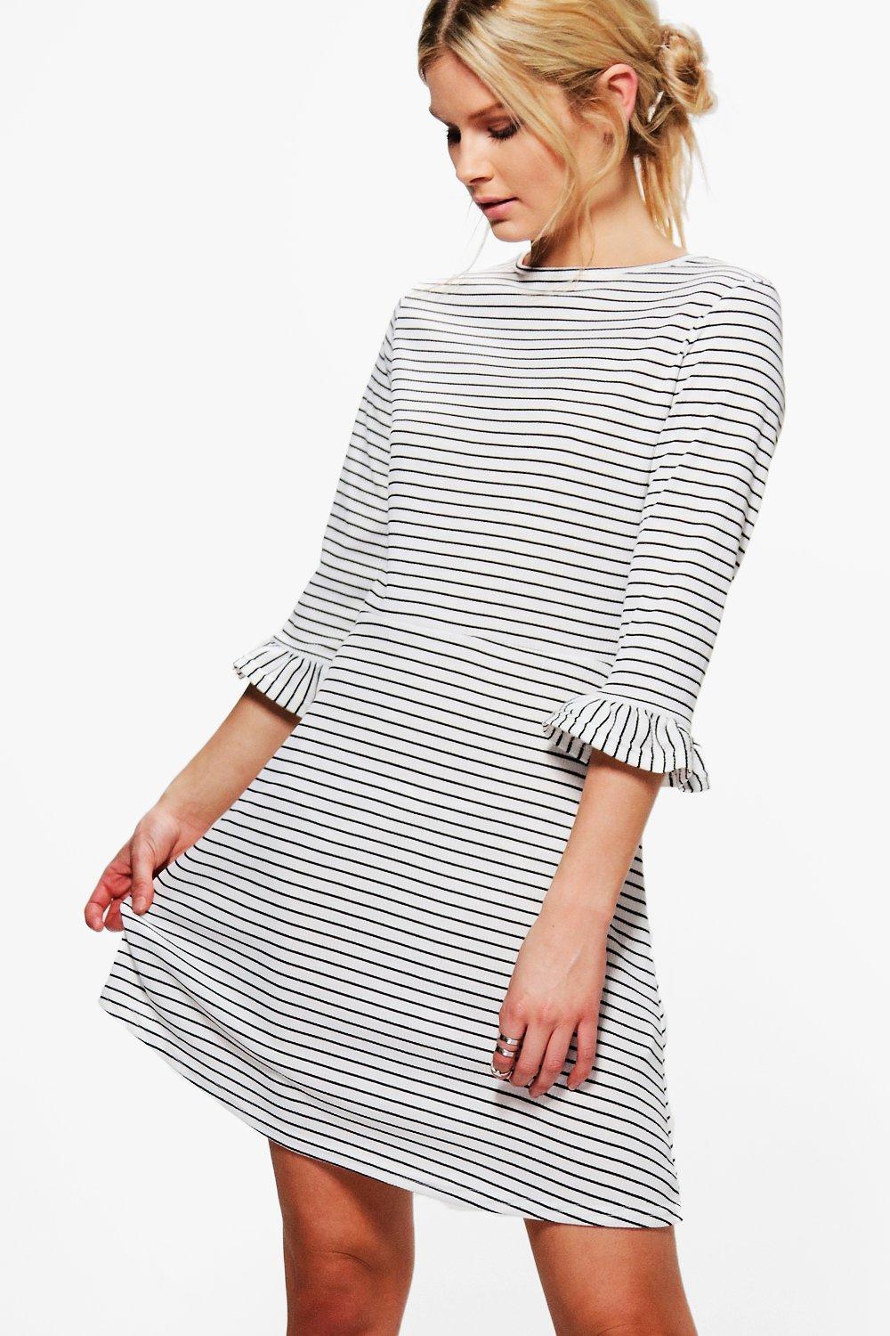Stripe Frill Sleeve Skater Dress | Boohoo