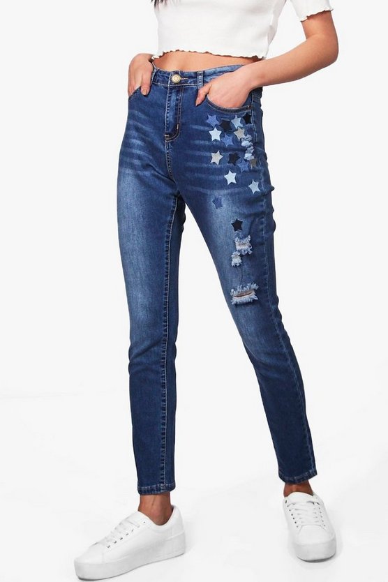 Molly Mid Rise Star Embroidery Skinny Jeans
