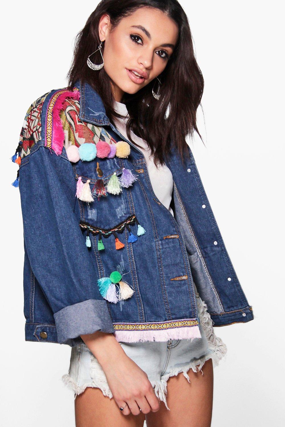 Boutique Lea Embroidered Pom Pom Denim Jacket | Boohoo