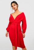 Womens Red Off The Shoulder Wrap Midi Bodycon Dress alternative image
