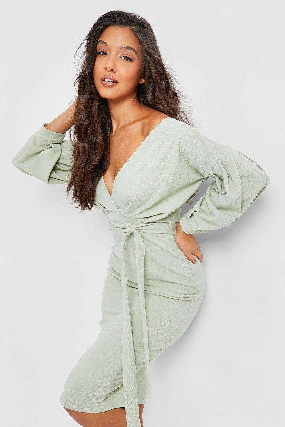 boohoo off the shoulder wrap midi dress