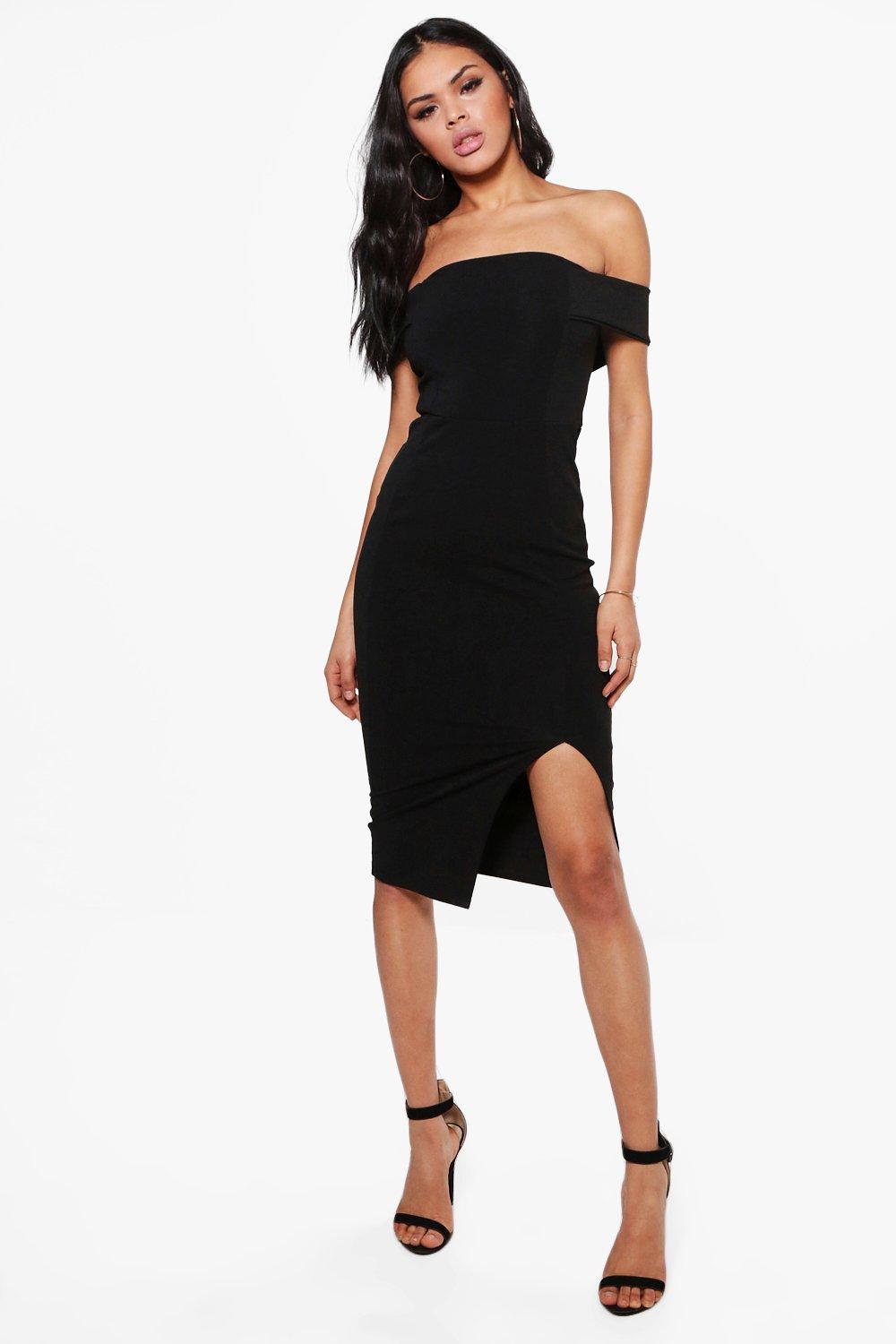 boohoo plunge midi dress with sweetheart neckline and side split in black