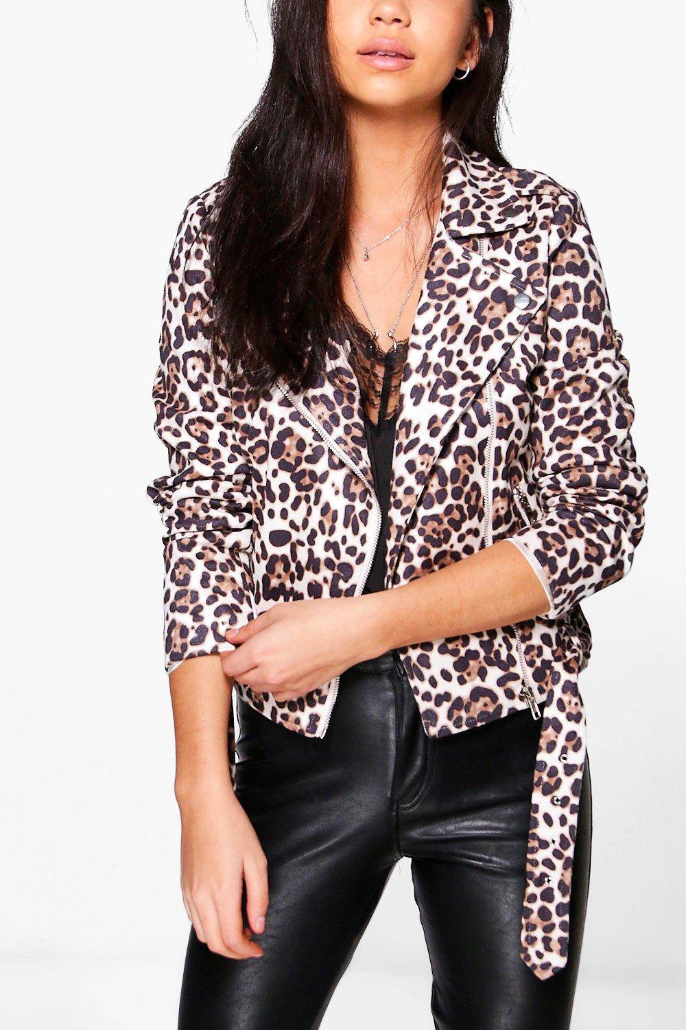 Boohoo Womens Emily Leopard Print Biker Jacket