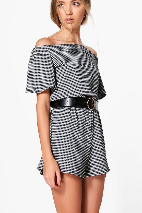 Mia Off The Shoulder Flare Sleeve Gingham Playsuit