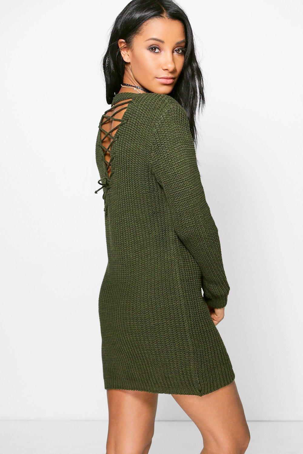 Frances Lace Up Back Jumper Dress | Boohoo