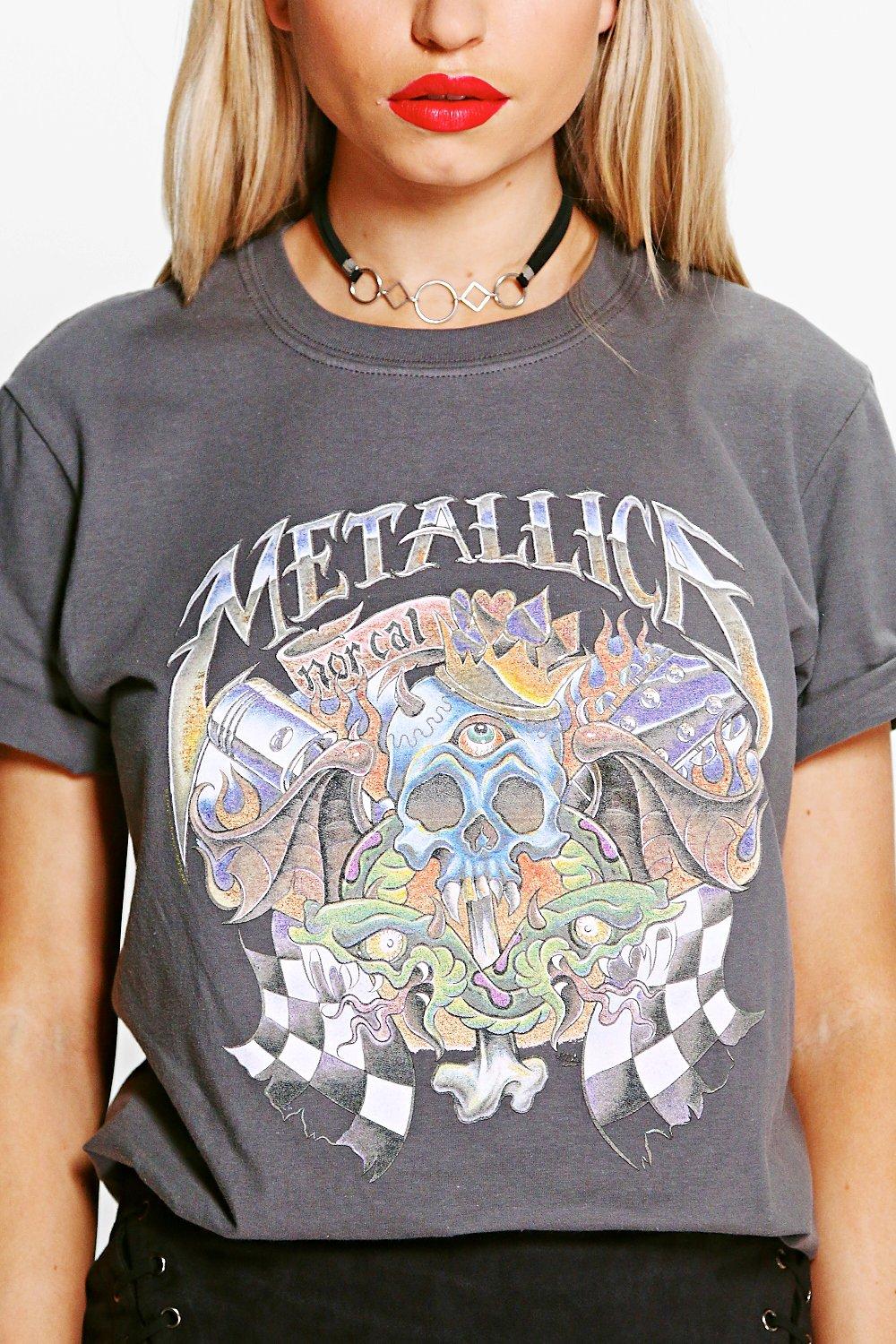 Boohoo Adriana T-shirt De Groupe Metallica Délavé pour Femme | eBay