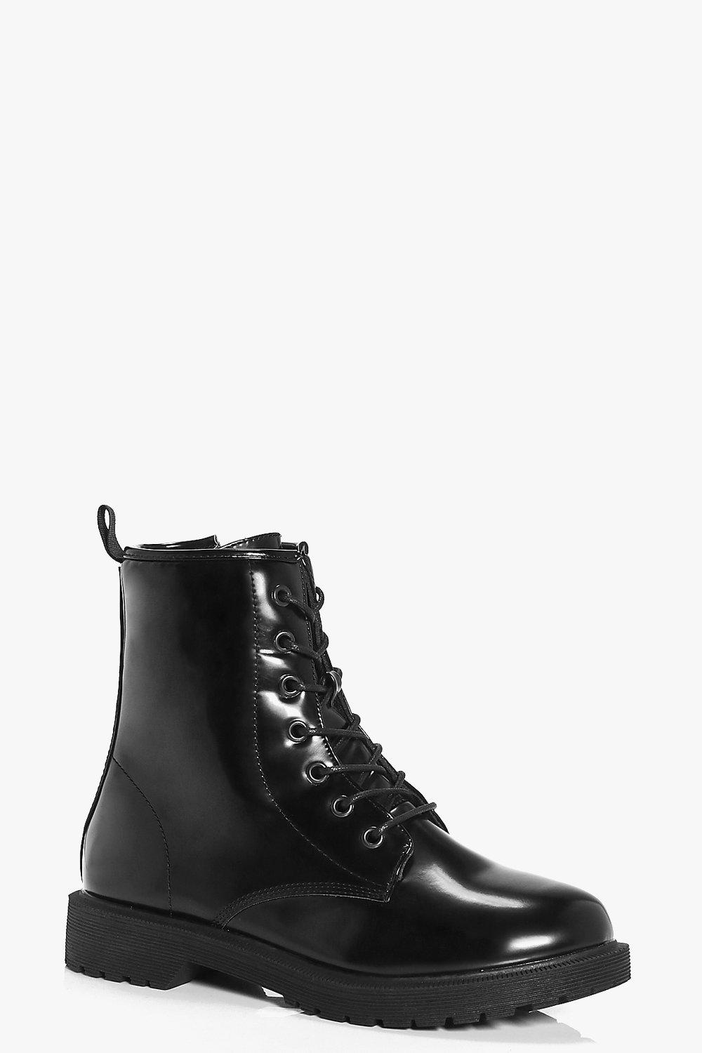 Robyn Patent Lace Up Hiker Boot | Boohoo