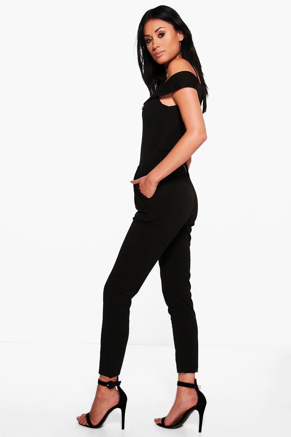 Boohoo Womens Erin Off The Shoulder Bardot Skinny Leg Jumpsuit | eBay