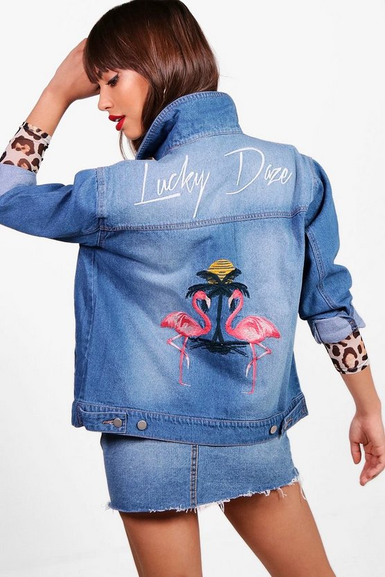 Sofie Flamingo Embroidered Oversize Denim Jacket