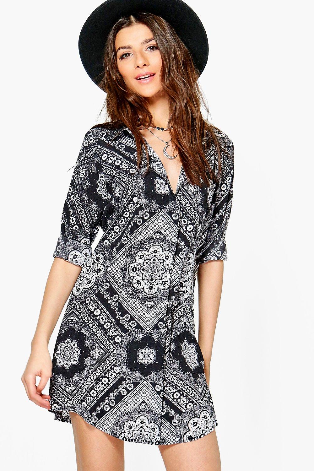 Boohoo Womens Alainia Monochrome Paisley Shirt Dress | eBay