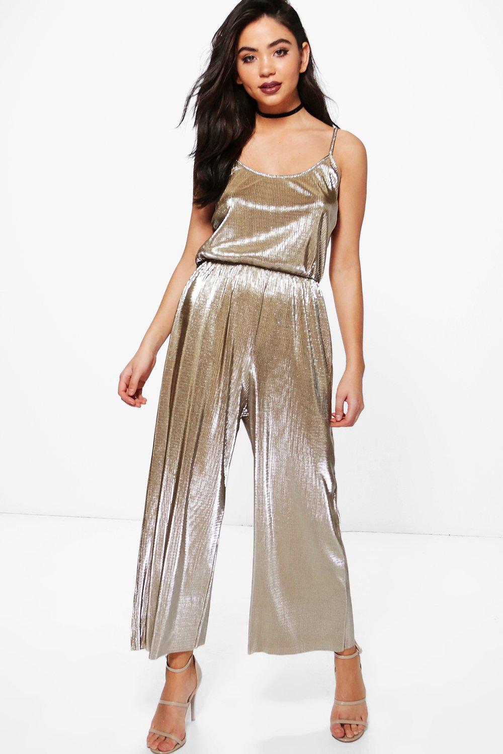 Ana Crinkle Metallic Strappy Culotte Jumpsuit | Boohoo