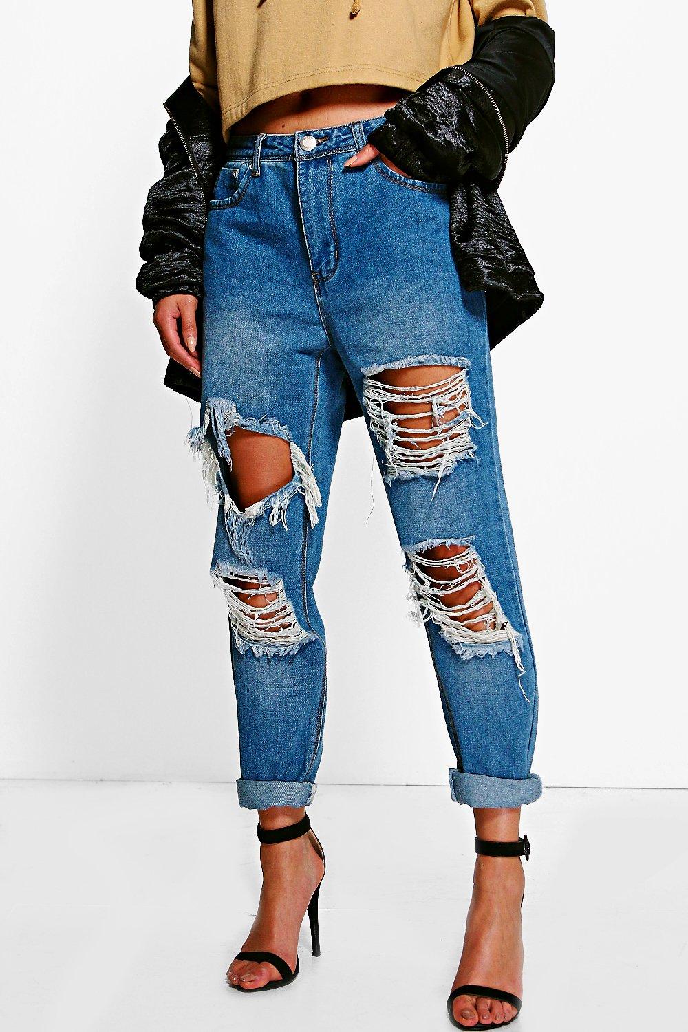 

Distressed Low Rise Boyfriend Jeans, Средний голубой