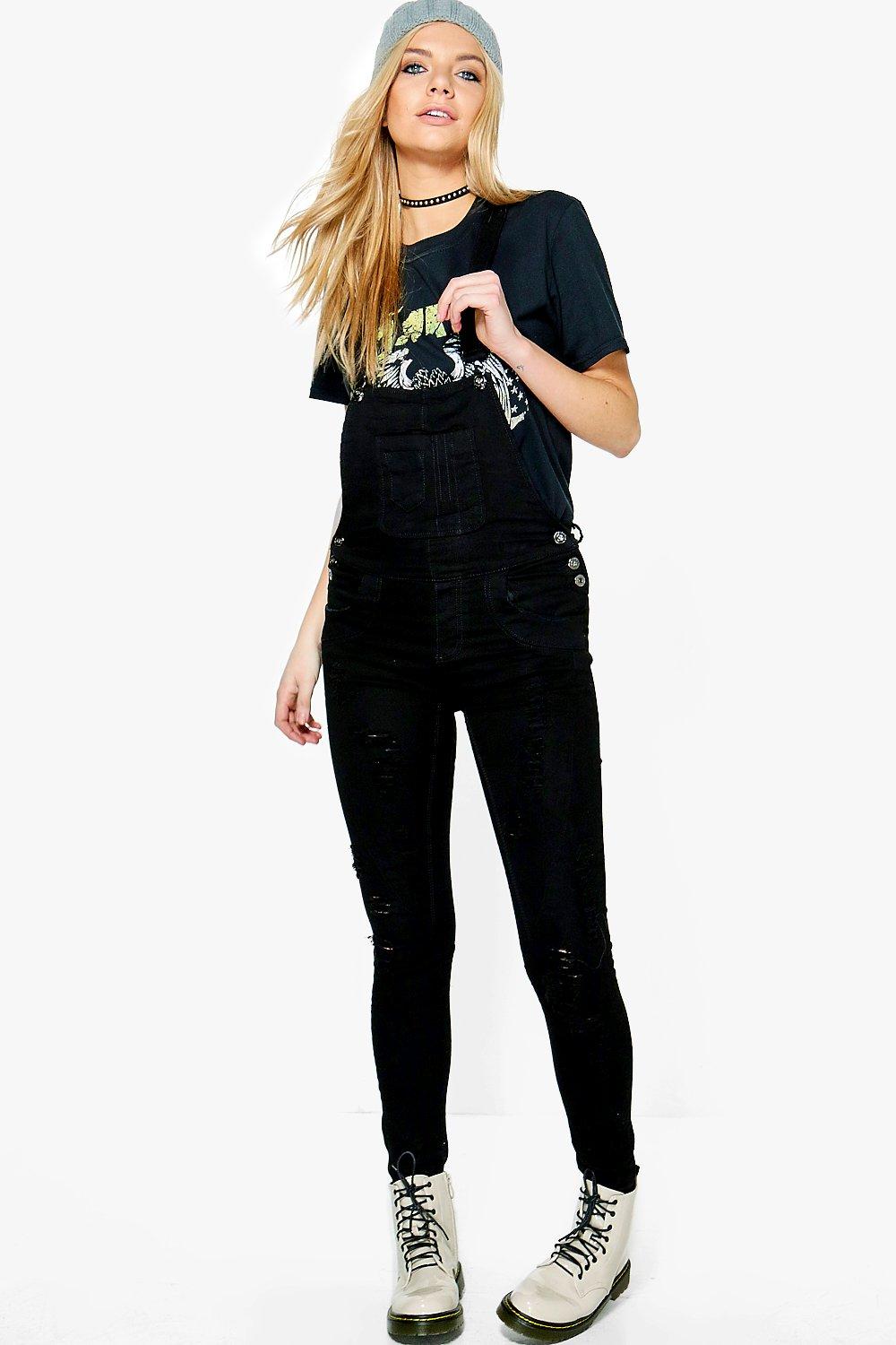 black ripped dungarees womens