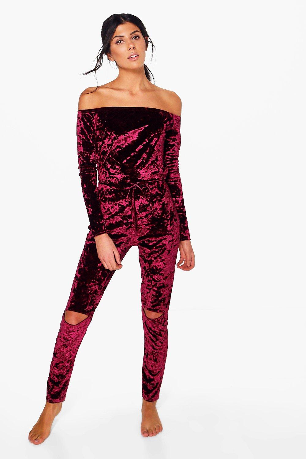 off the shoulder split leg jumpsuit