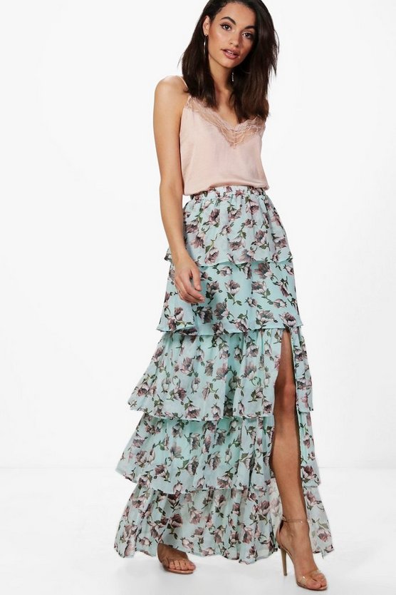 Everly Large Floral Ruffle Tiered Maxi Skirt