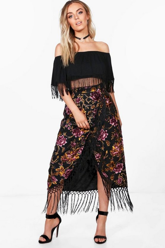 Lulu Velvet Flocked Tassle Midi Skirt