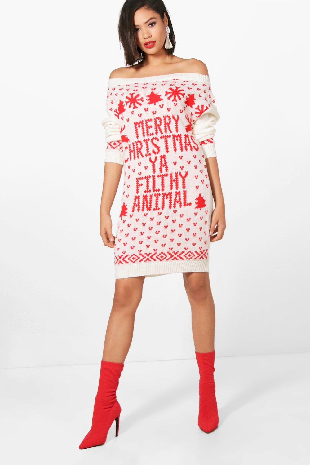 Lacey Slash Neck Filthy Animal Christmas Jumper Dress Boohoo