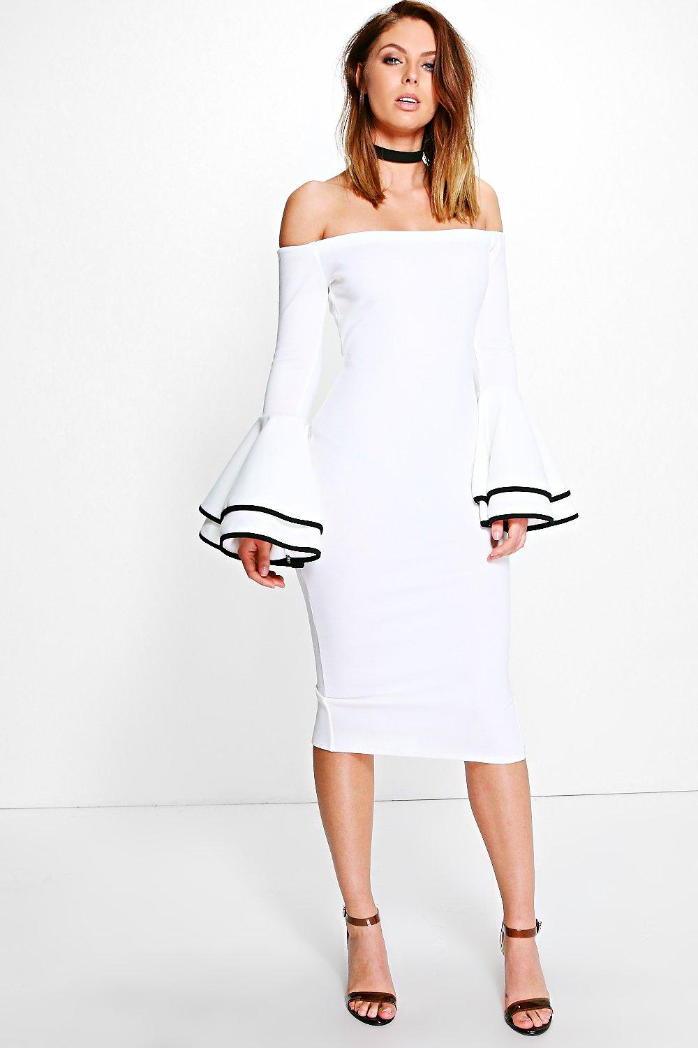 Off Shoulder Flared Sleeve Midi Dress | Boohoo