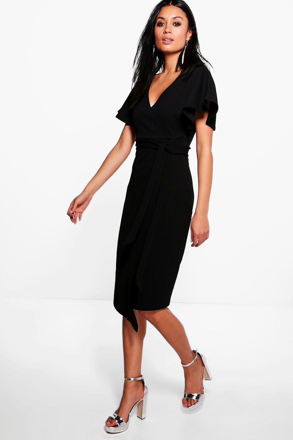 wrap black midi dress