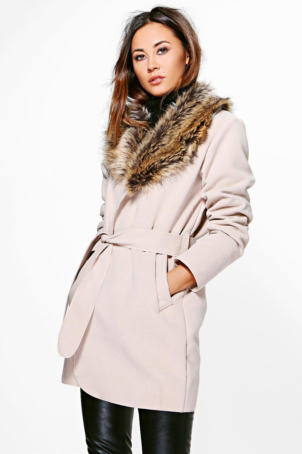 Abigail Faux Fur Collar Wrap Coat | Boohoo
