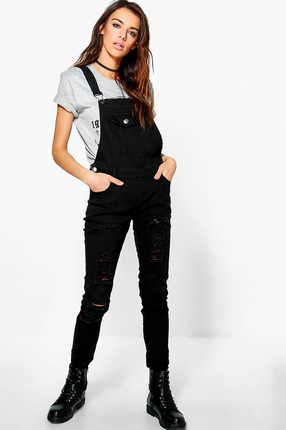 black ripped dungarees womens