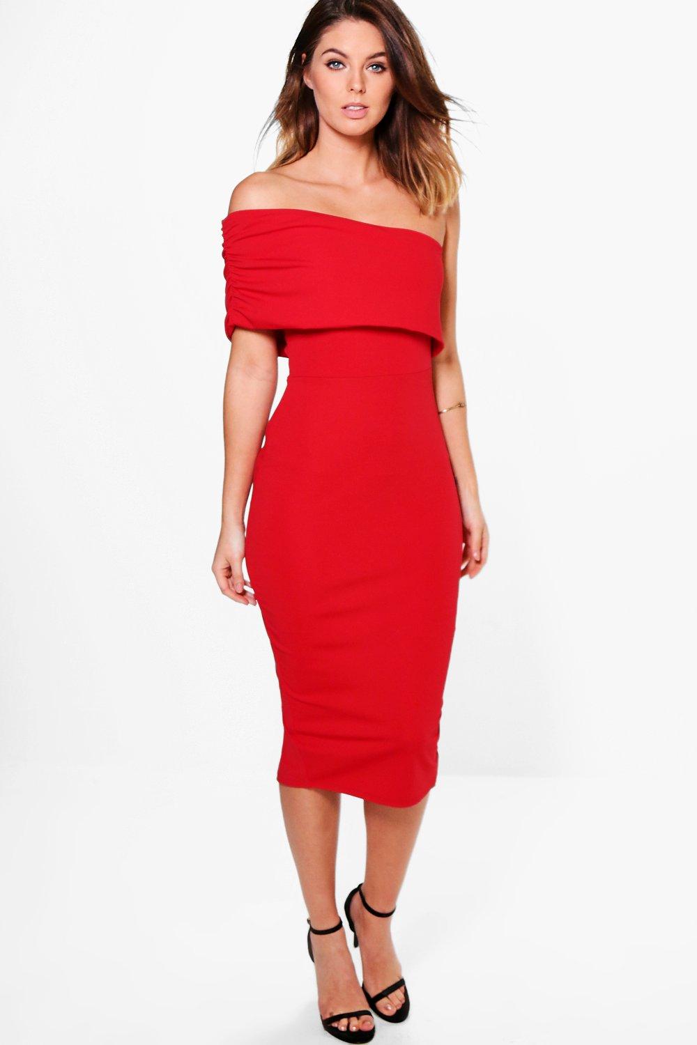 red off the shoulder midi dress