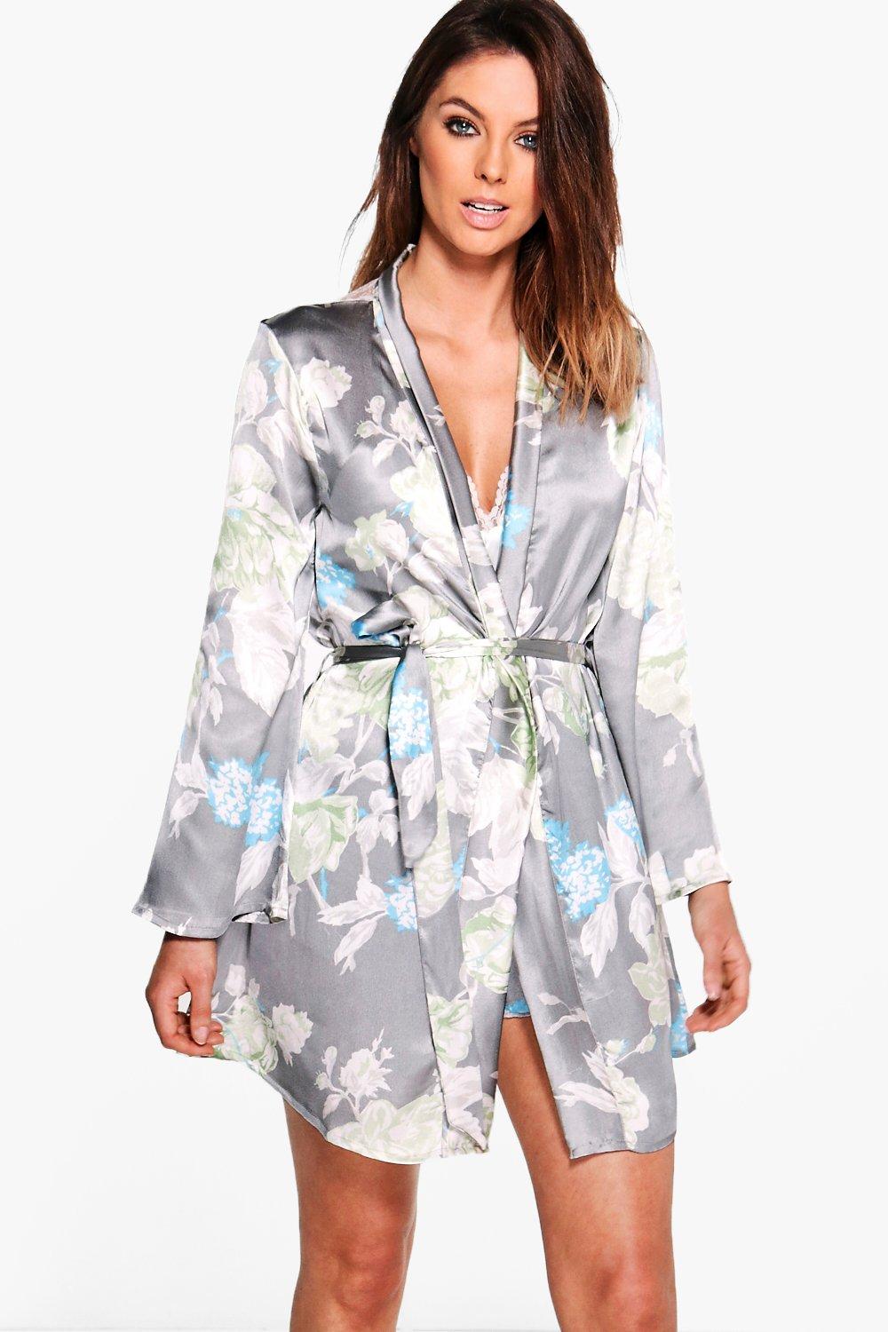 Womens Satin Floral Print Robe - Grey - L, Grey