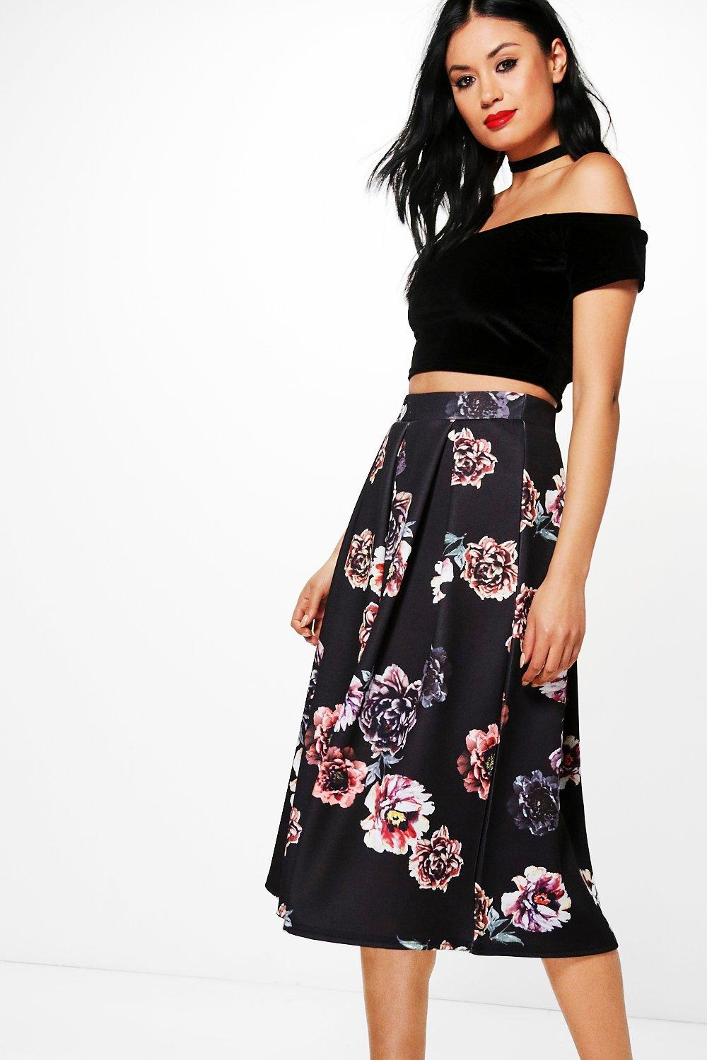 Avianna Dark Floral Box Pleat Skater Skirt | Boohoo