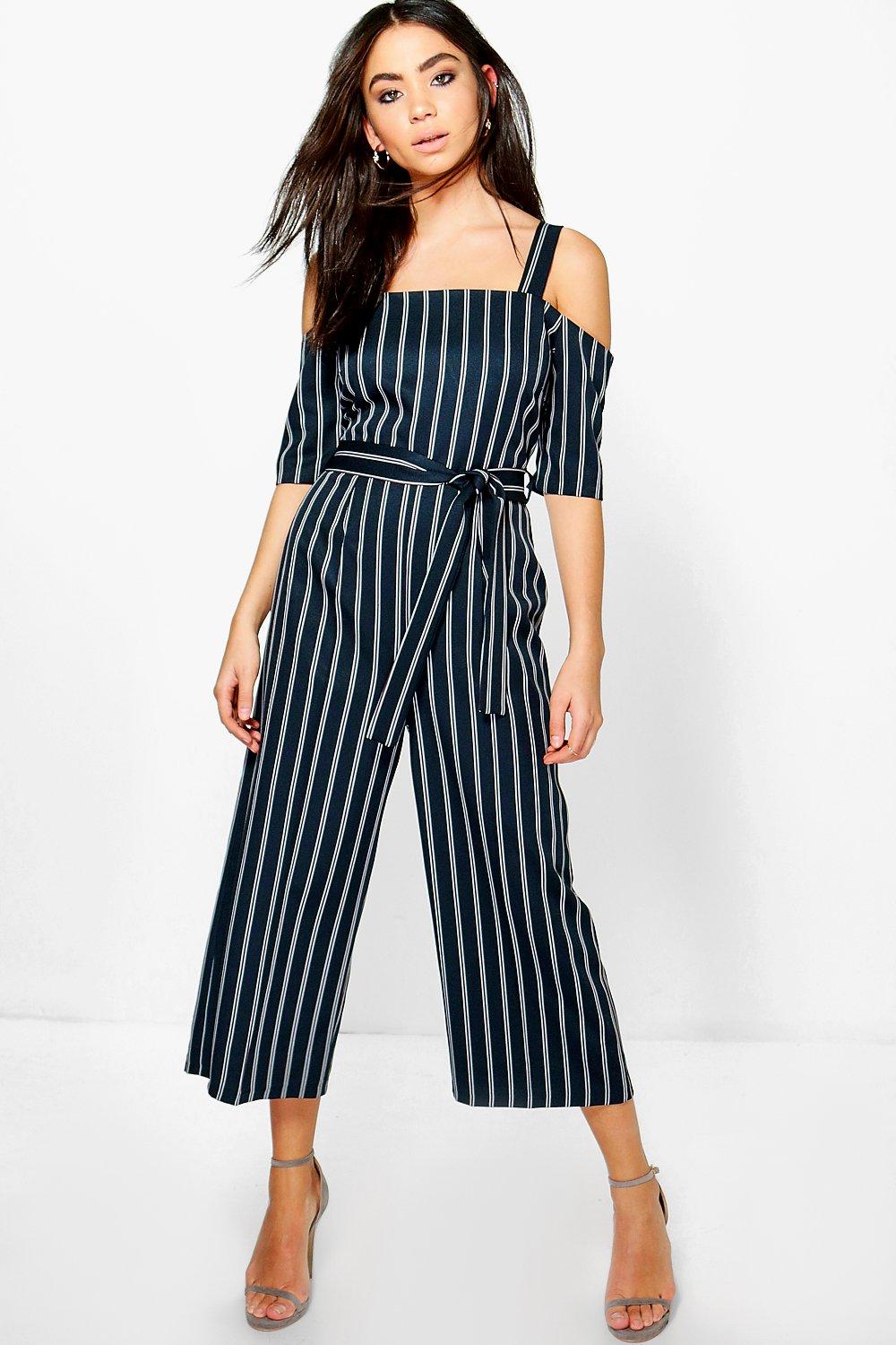 Kimy Cold Shoulder Culotte Pinstripe Jumpsuit | Boohoo