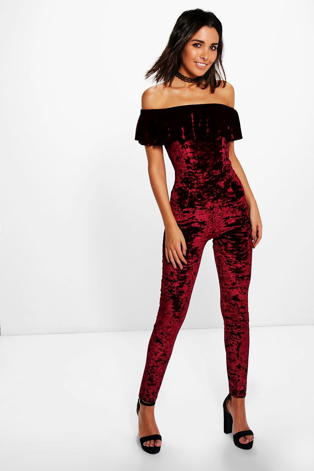 velvet off the shoulder jumpsuit