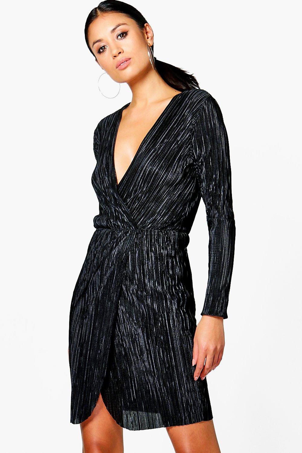 black pleated wrap dress