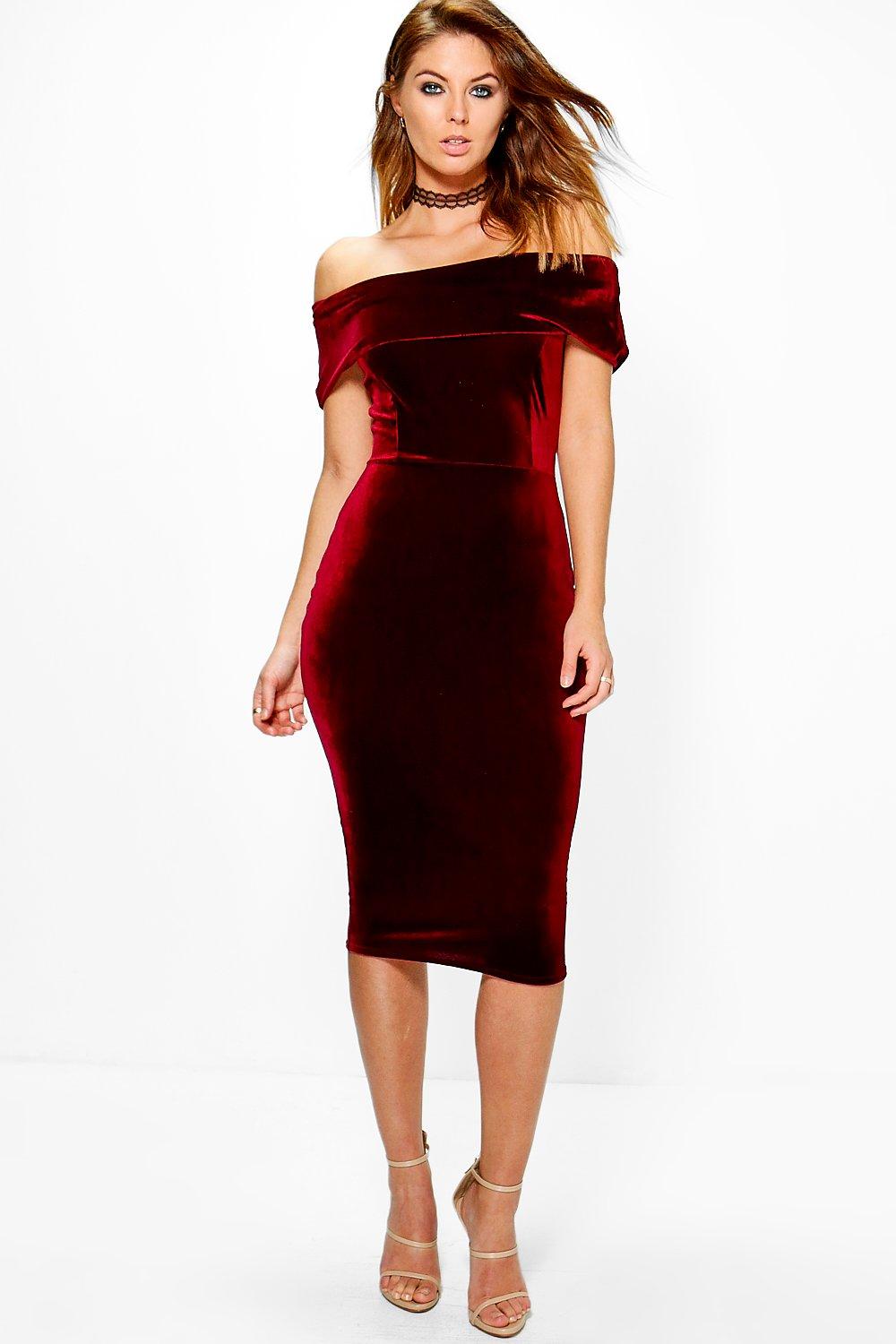 bardot velvet midi dress