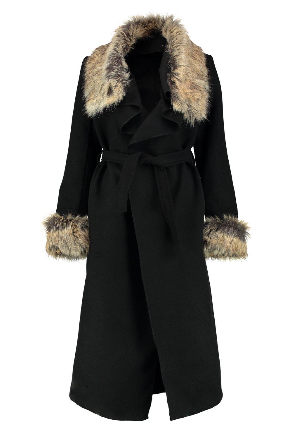 Boohoo Womens Mya Faux Fur Collar and Cuff Coat | eBay
