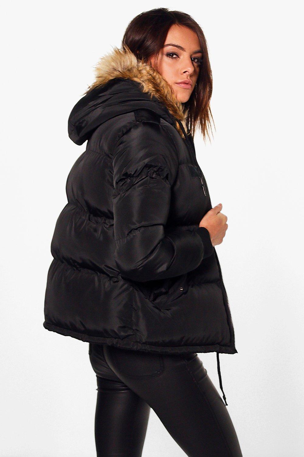 Boohoo Womens Libby Crop Padded Jacket With Faux Fur Hood | eBay