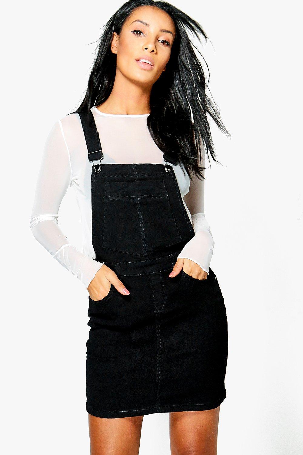 womens black denim pinafore dress