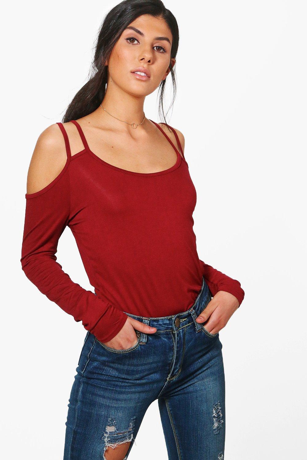Boohoo Womens Mila Long Sleeve Cold Shoulder Strappy Top | eBay