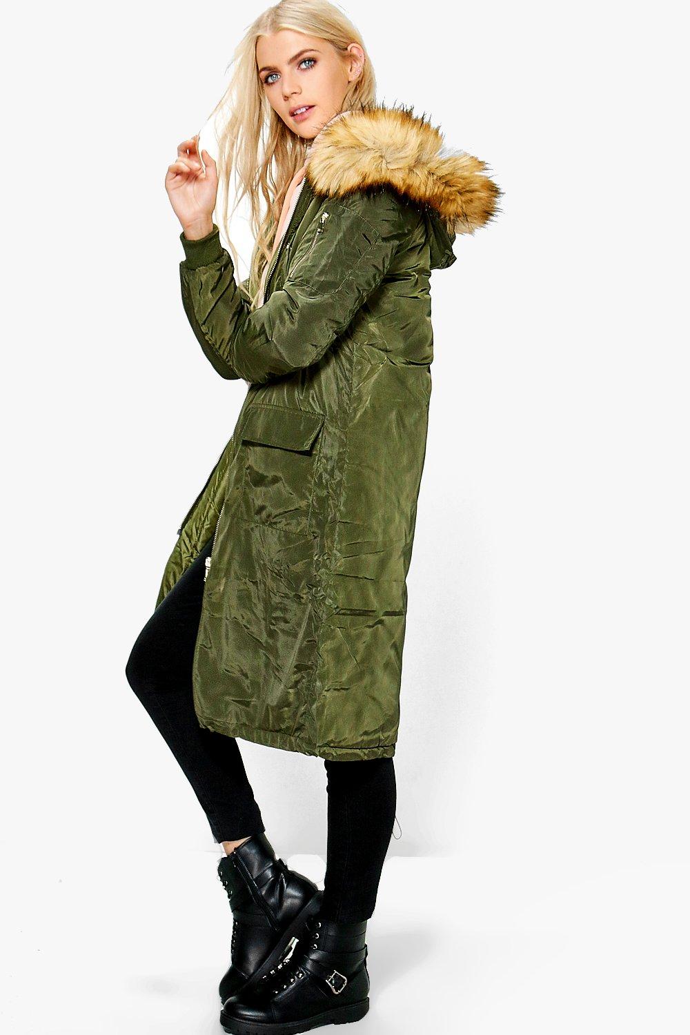 longline coat with fur hood