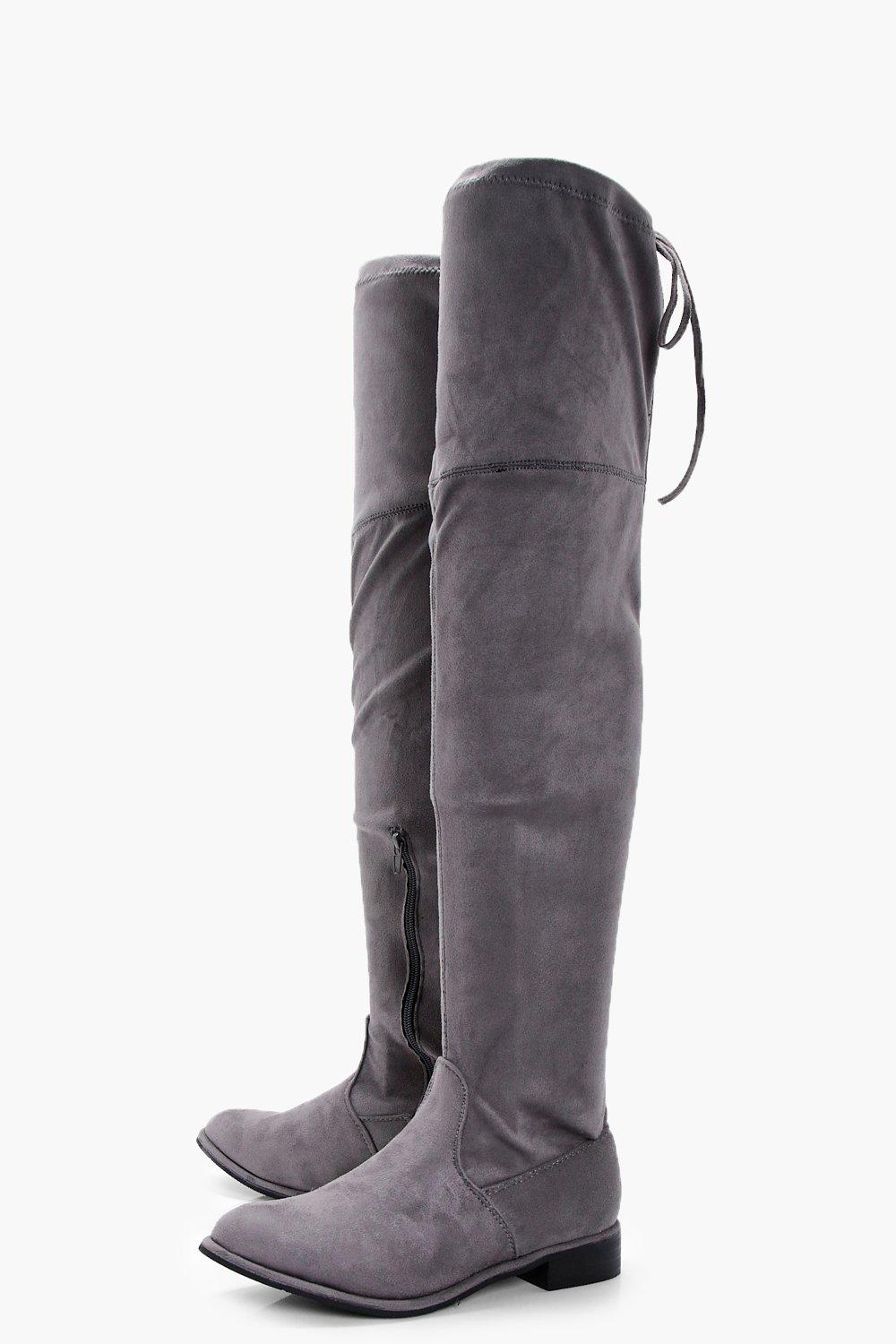 grey suede flat knee high boots