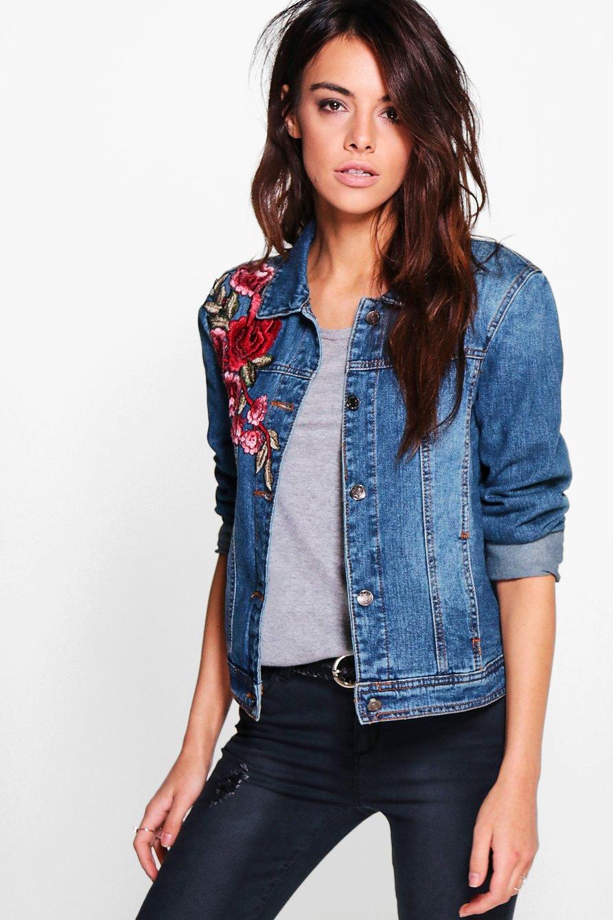 Boohoo Womens Ava Denim Floral Embroidered Jacket in Blue size L | eBay