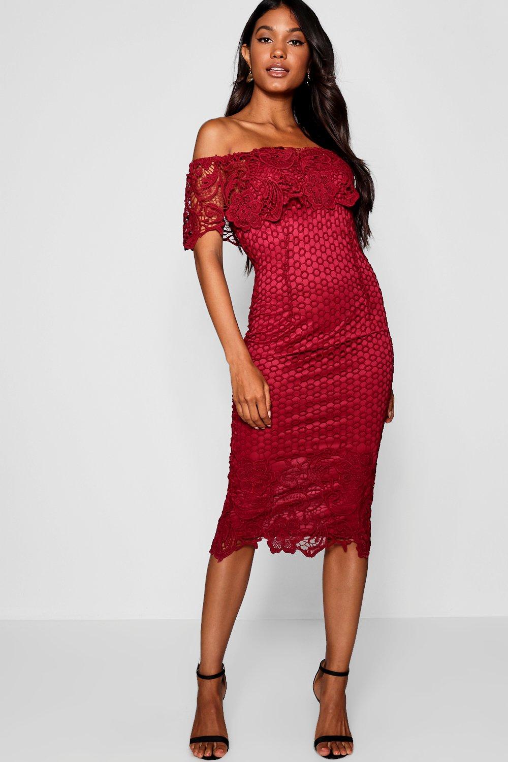 boutique lace off shoulder midi dress