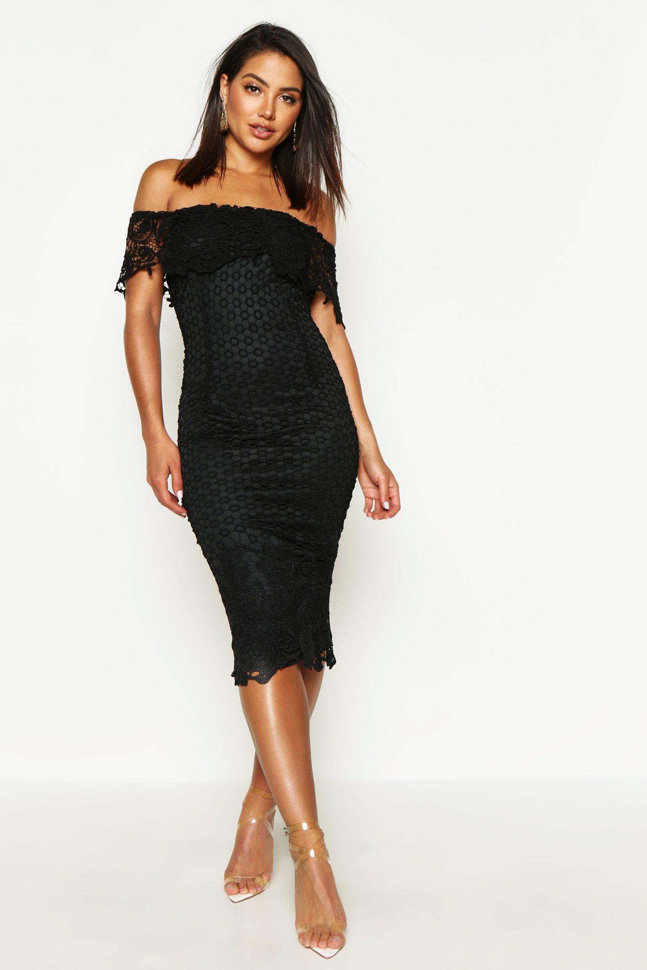 boutique lace off shoulder midi dress