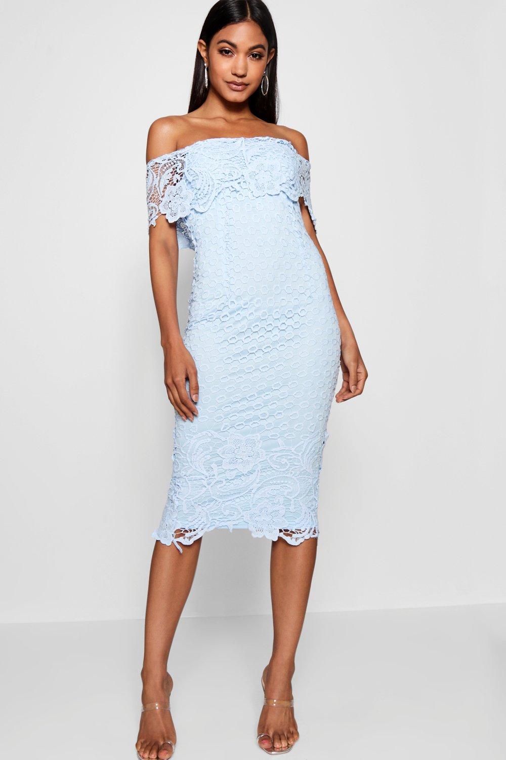 boutique lace off shoulder midi dress