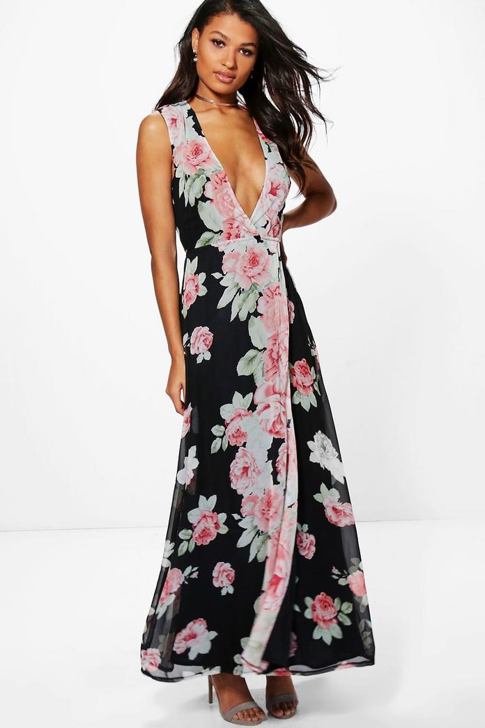 Elle Chiffon Floral Print Wrap Maxi Dress | Boohoo
