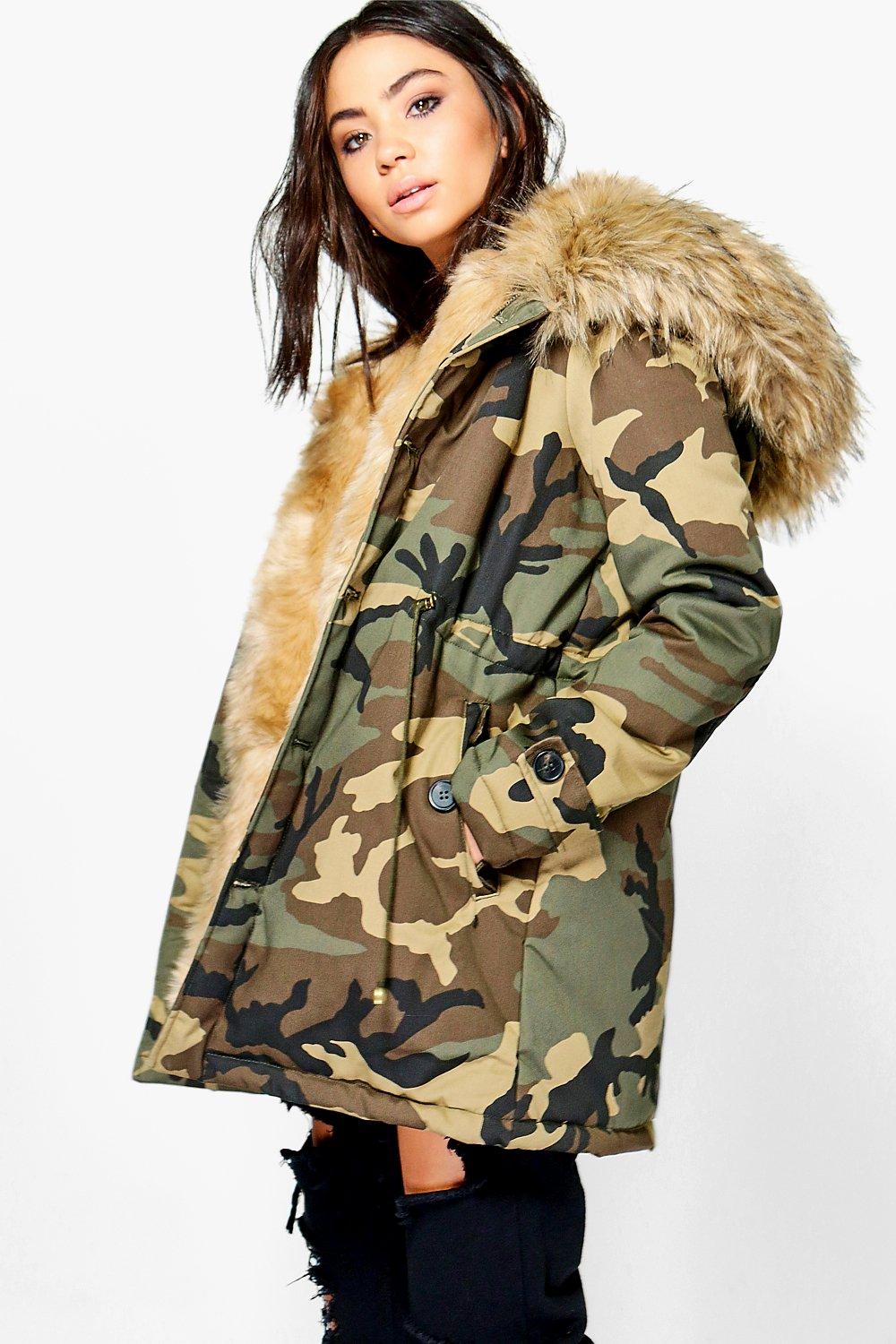 camo fur lined parka