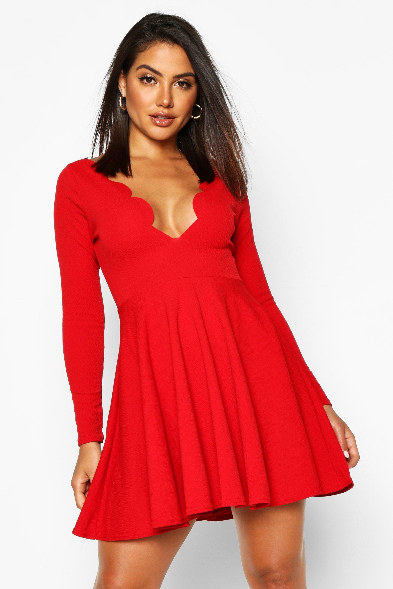 boohoo scallop plunge skater dress