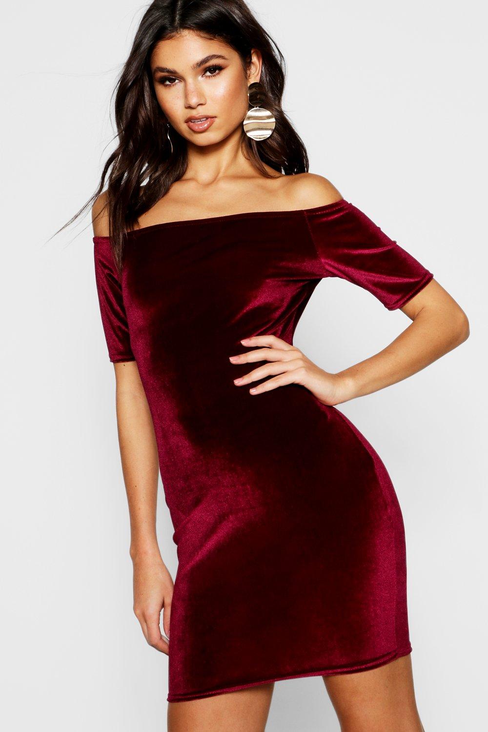 Boohoo Womens Anabel Velvet Off Shoulder Bodycon Dress | eBay