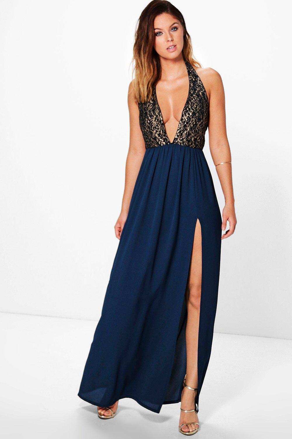 Selma Metallic Lace Deep Plunge Maxi 