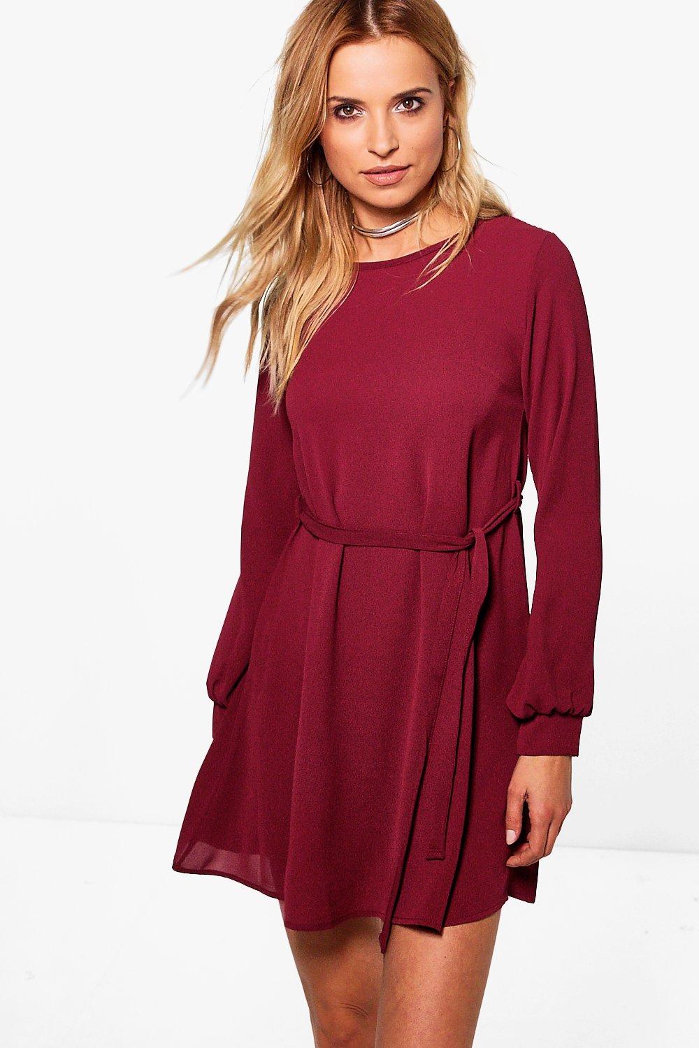 Lily Belted Woven Dress | Boohoo