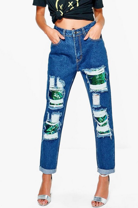 Hatty Sequin Distressed Boyfriend Jeans